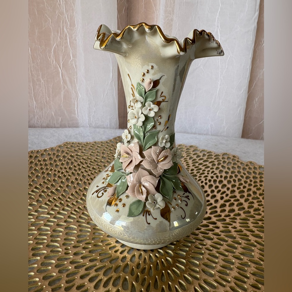 Vintage Capodimonte Porcelain Vase with Hand-applied Flowers and Gold Accents